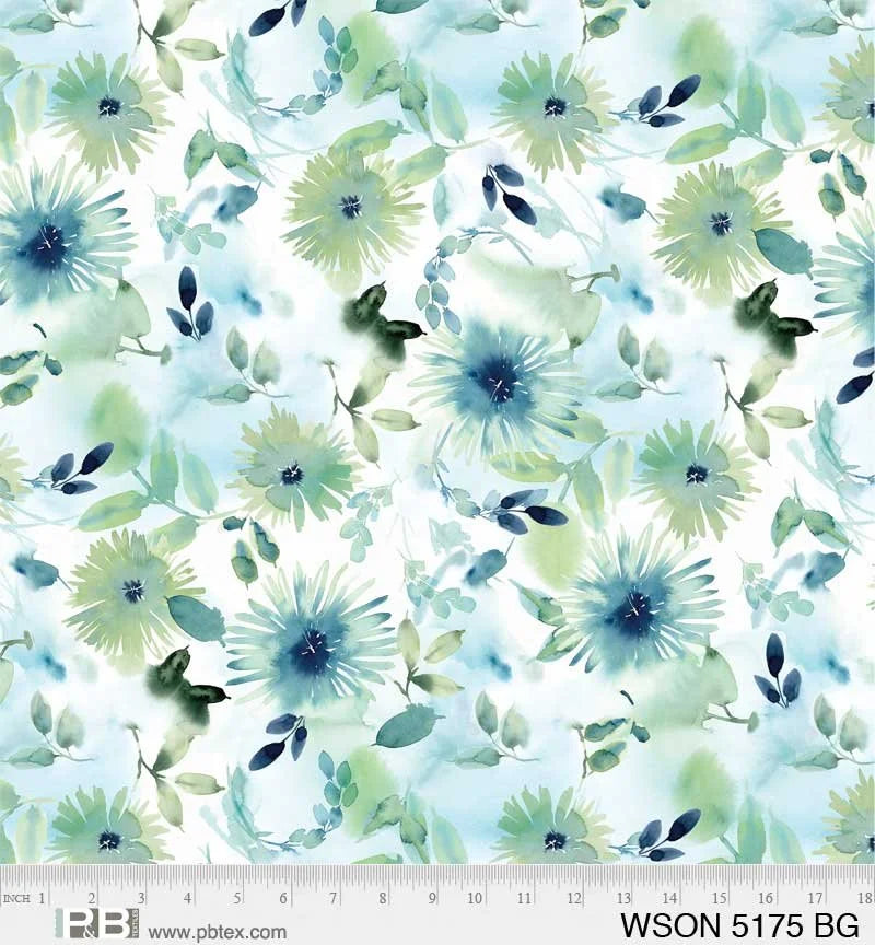 Whisper Song quilting fabric 05175 BG in white and green palette with aqua and ivory accents