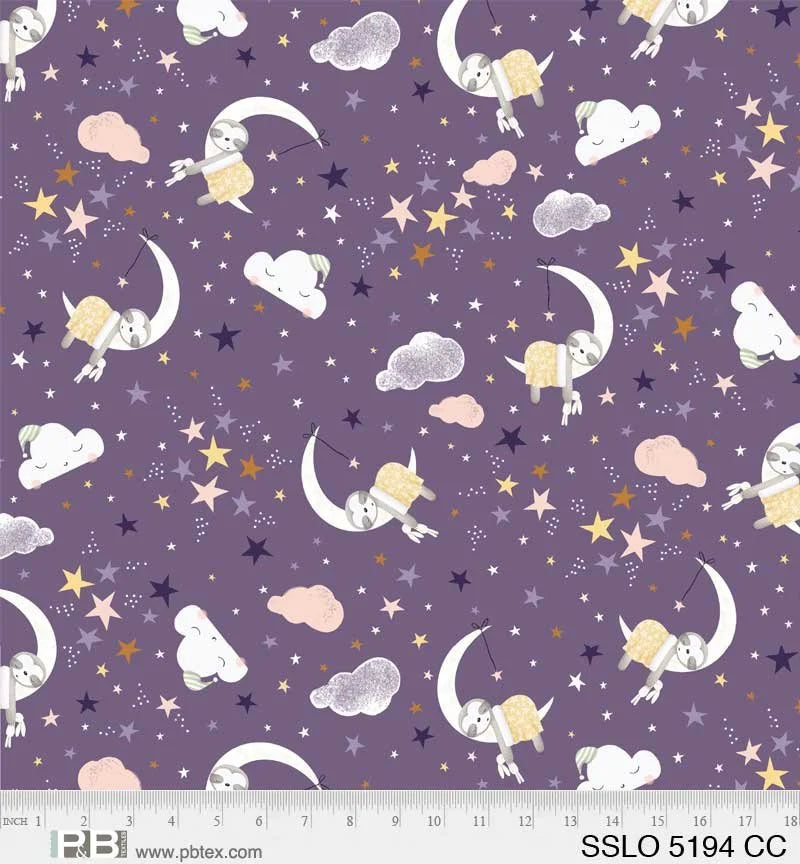 Sleepy Sloth quilting fabric 05194 CC in purple and ivory palette with mauve and white accents