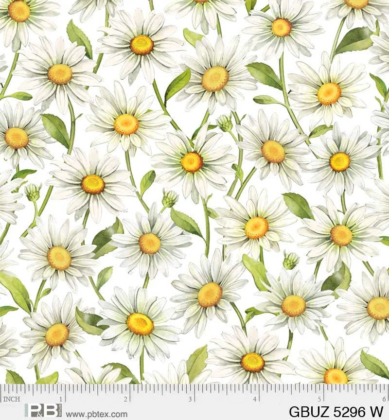 Garden Buzz quilting fabric 05296 W in white and cream palette with yellow and ivory accents