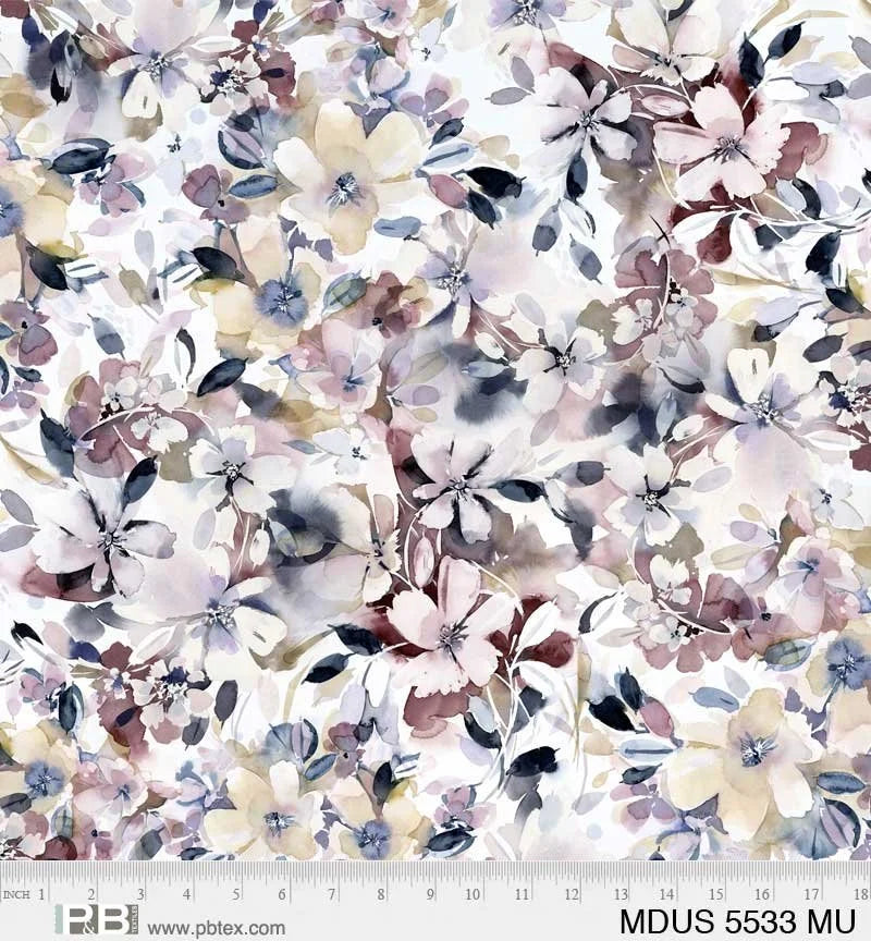 Meadow At Dusk quilting fabric 05533 MU in ivory and white palette with gray and blue accents
