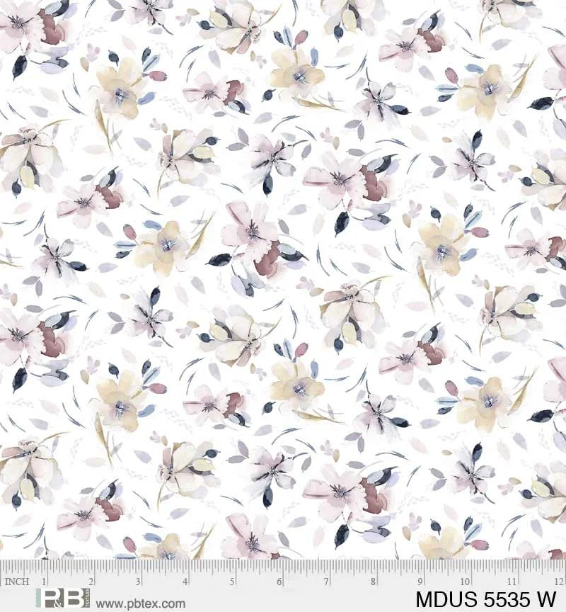 Meadow At Dusk quilting fabric 05535 W in white and ivory palette