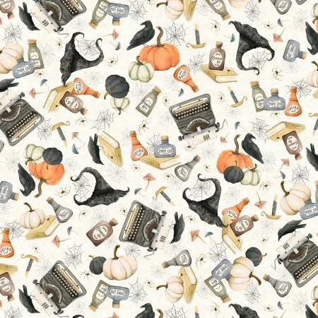 Hocus Pocus quilting fabric 05825 E in white and ivory palette with cream and gray accents