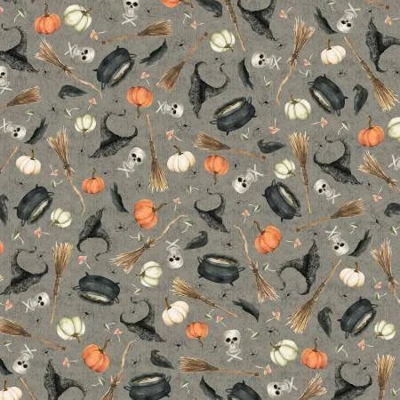 Hocus Pocus quilting fabric 05825 S in tan and gray palette with brown and charcoal accents