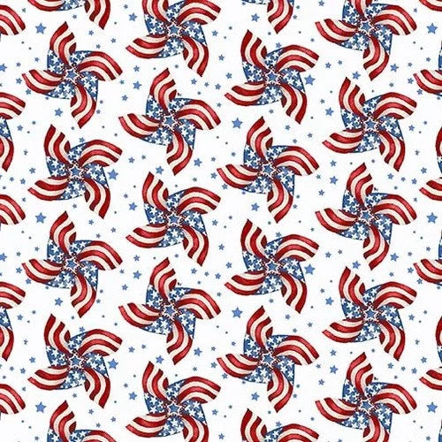 Patriotic quilting fabric 1539 07 in white and pink palette with blue and red accents