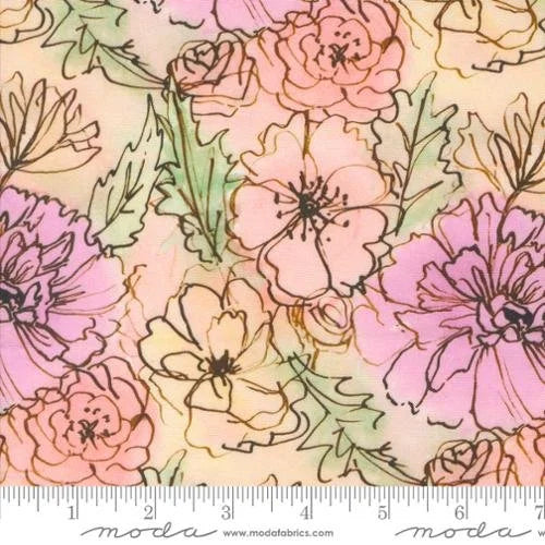 Blooming Lovely quilting fabric 16970 11 in pink and gold palette with peach and cream accents