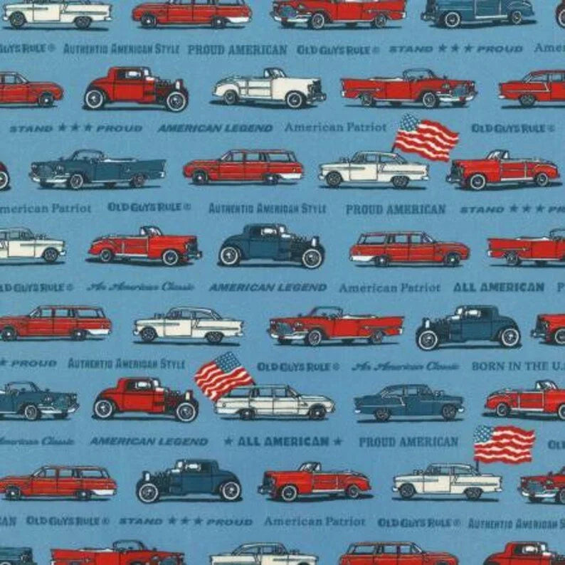 Route 66 quilting fabric 17519-67 in blue and navy palette with red and burgundy accents