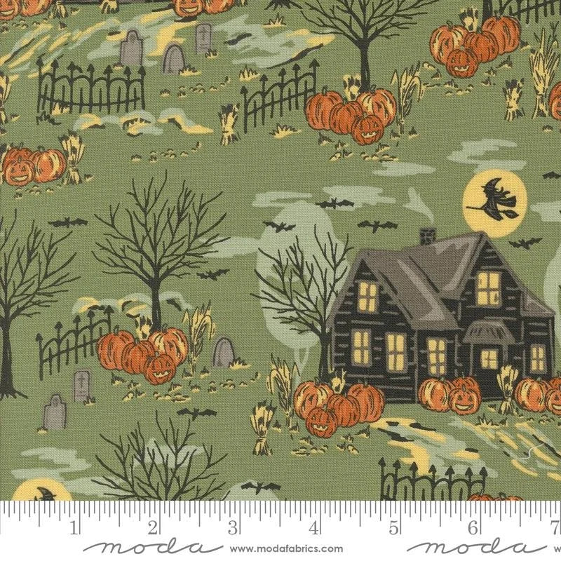 Home Sweet Haunt quilting fabric 20912 15 in yellow and brown palette with green and gold accents