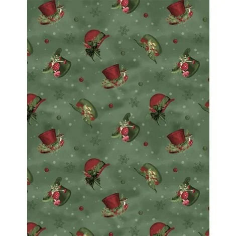Woodland Snowmen quilting fabric 27738 773 in forest green and green palette with white and yellow accents