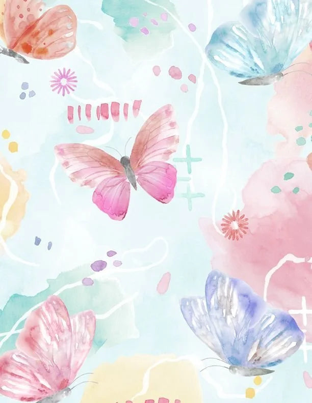 Winged Whisper quilting fabric 3049 15720 736 in white and pink palette with aqua accents