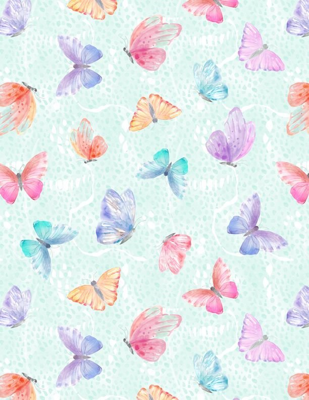 Winged Whisper quilting fabric 3049 15722 765 in white and pink palette with aqua and blue accents