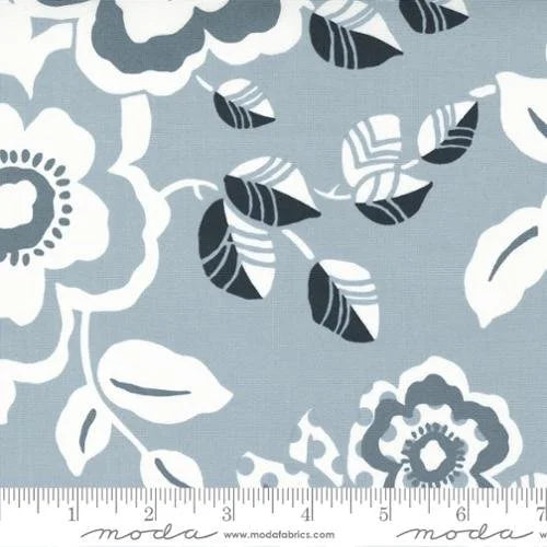 Concrete Jungle quilting fabric 33720 13 in blue and white palette with ivory and navy accents