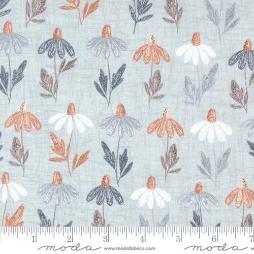 Chirp quilting fabric 39031 19 in ivory and white palette with peach and blue accents