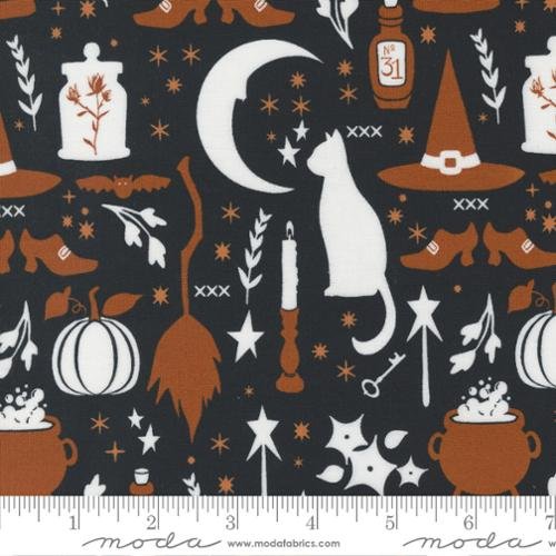 Halloween quilting fabric 43140 12 in navy and rust palette with charcoal and gray accents