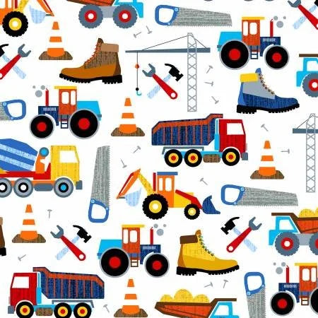 Work Zone quilting fabric 52265-1 in white and blue palette with ivory and gray accents