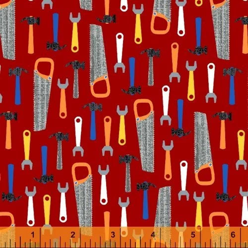 Work Zone quilting fabric 52267-4 in red and burgundy palette with gray and orange accents