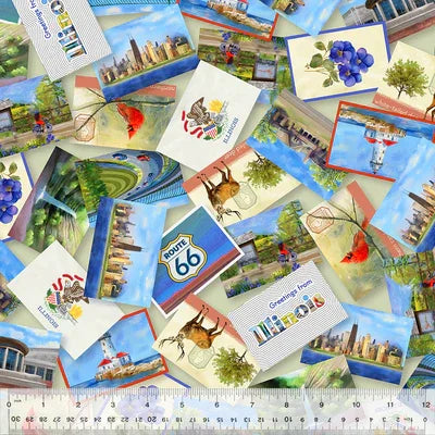 Illinois Shop Hop 2025 quilting fabric 54674-1 in blue and yellow palette with ivory and cream accents