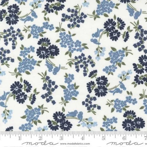 Dwell quilting fabric 55273 11 in white and blue palette with ivory and gray accents