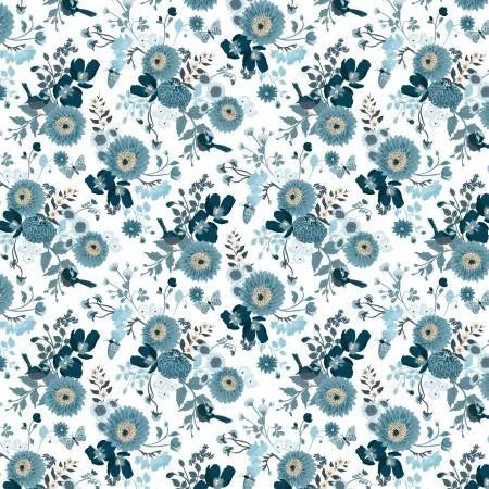 Midnight In Bloom quilting fabric 58230501-01 in white and aqua palette with ivory and blue accents