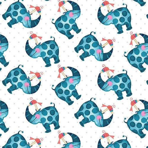 Silly Safari quilting fabric 5940 1 in white and aqua palette with blue accents