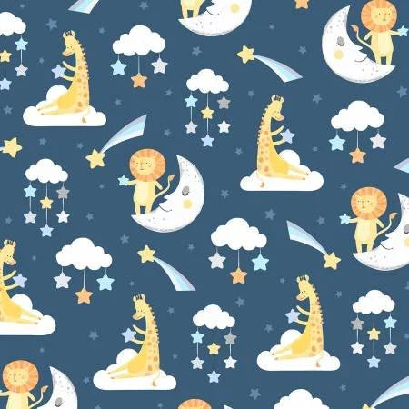 Babys Adventure quilting fabric 69308 415 in blue and white palette with gold and navy accents