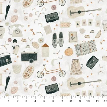 Memories quilting fabric 90389 10 in white and ivory palette with cream and gray accents