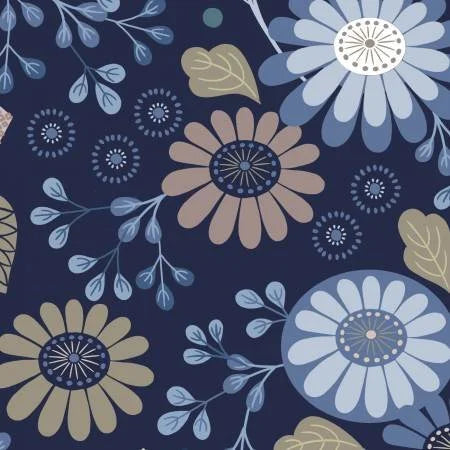 Shinrin Yoku quilting fabric A639 2 in navy and blue palette with tan and gray accents