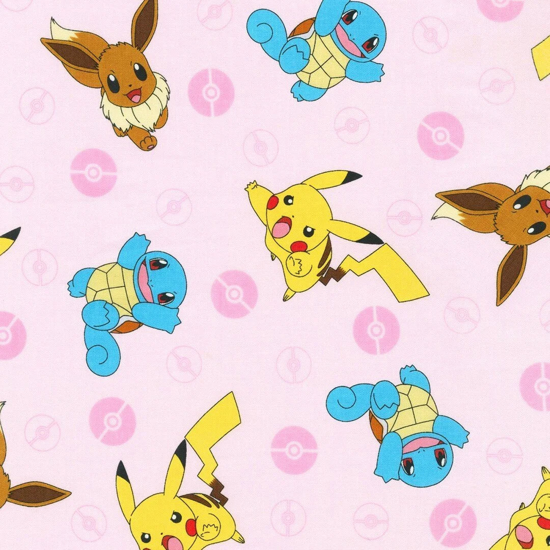 Pokemon quilting fabric AOQ-74441-96 in white and pink palette with yellow and gold accents