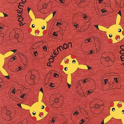 Pokemon quilting fabric AOQ-74444-3 in red and gold palette with burgundy accents