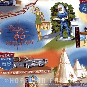 Route 66 quilting fabric BBLK972 in blue and yellow palette with orange and gold accents