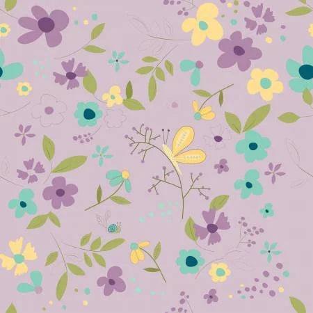 Hello Spring quilting fabric C12960 Lilac in ivory and pink palette with mauve and yellow accents