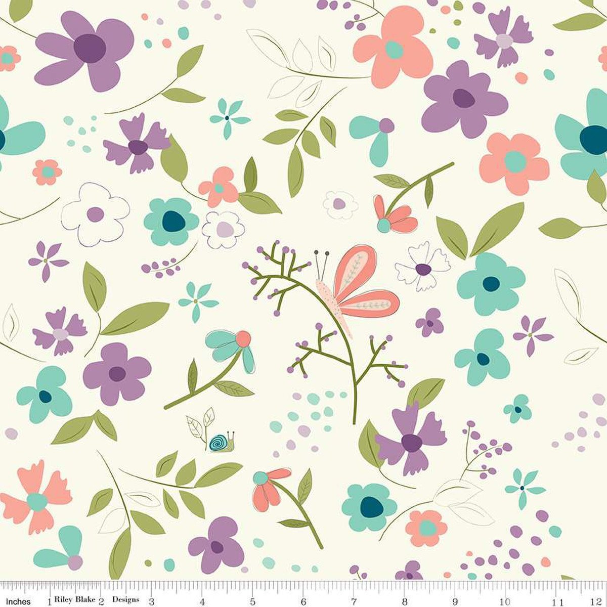 Hello Spring quilting fabric C12960 Cream in white and cream palette with pink and green accents