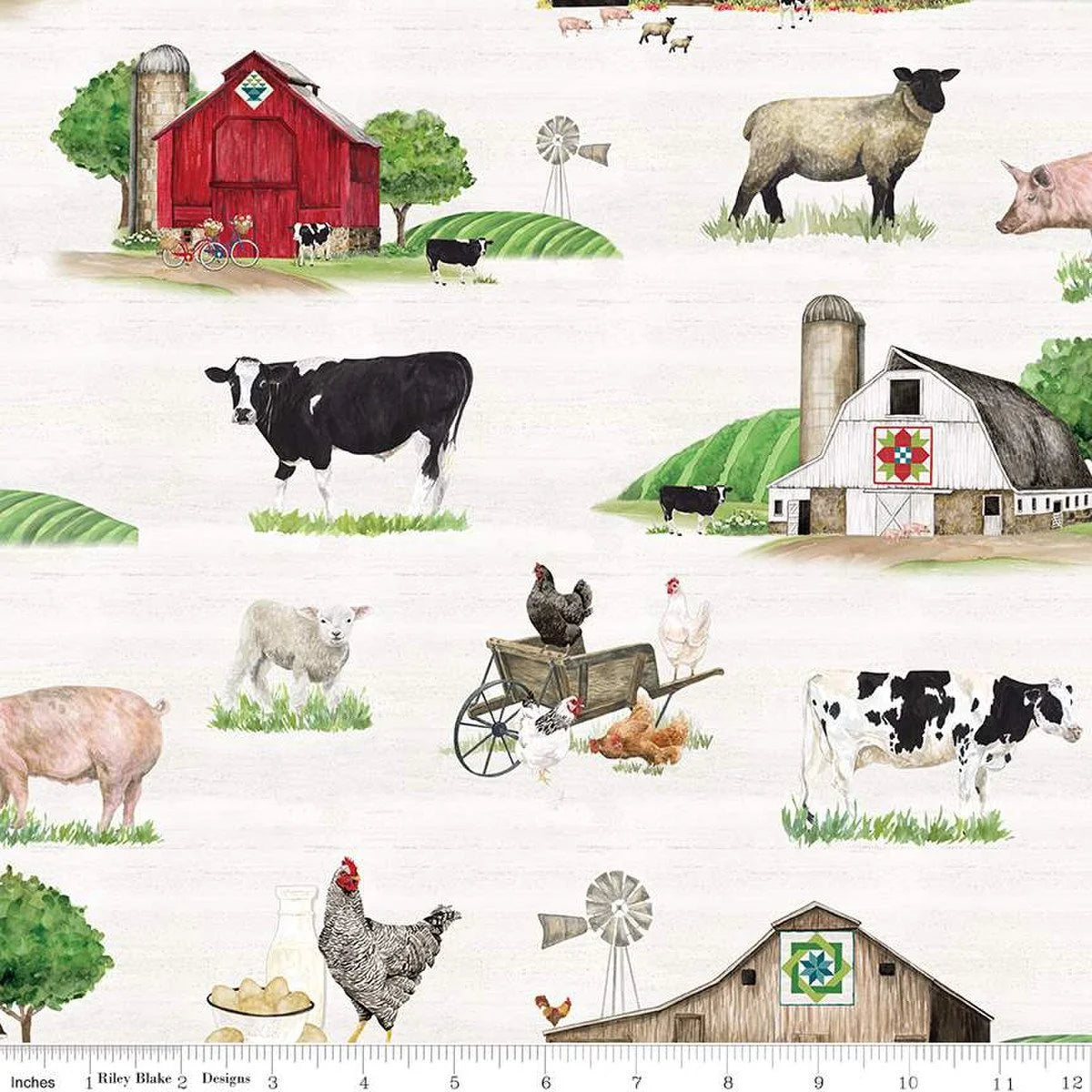 Spring Barn Quilts quilting fabric CD14330 Parchment in white and green palette with ivory and cream accents