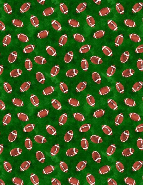 Sports quilting fabric CD8893 in forest green and red palette with yellow and brown accents