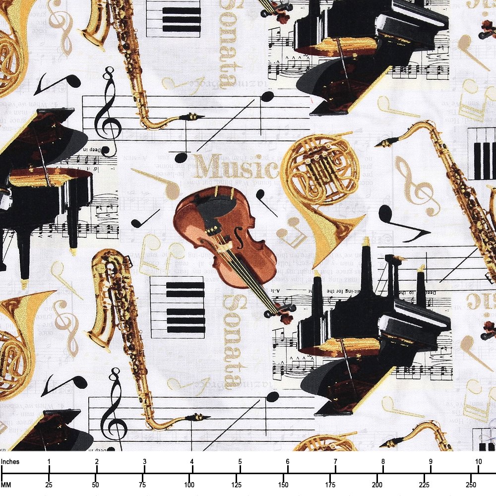 Music quilting fabric CM1476 in white and ivory palette with black and gold accents