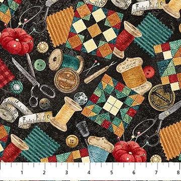 Stonehenge Stitchin quilting fabric DP28343-99 in black and gold palette with brown and aqua accents