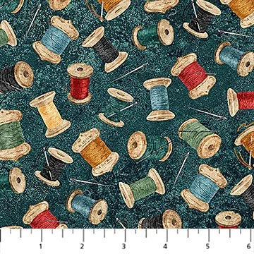 Stonehenge Stitchin quilting fabric DP28345-68 in aqua and gold palette with forest green and green accents