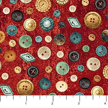 Stonehenge Stitchin quilting fabric DP28347-24 in red and burgundy palette with gold and green accents