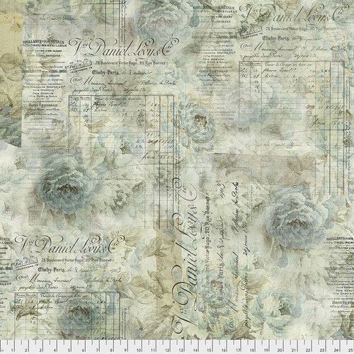 Tim Holtz quilting fabric PWTH102.Aqua in ivory and tan palette with green and cream accents