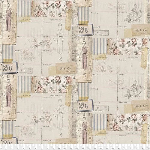 Tim Holtz quilting fabric PWTH109.Multi in ivory and cream palette with tan accents