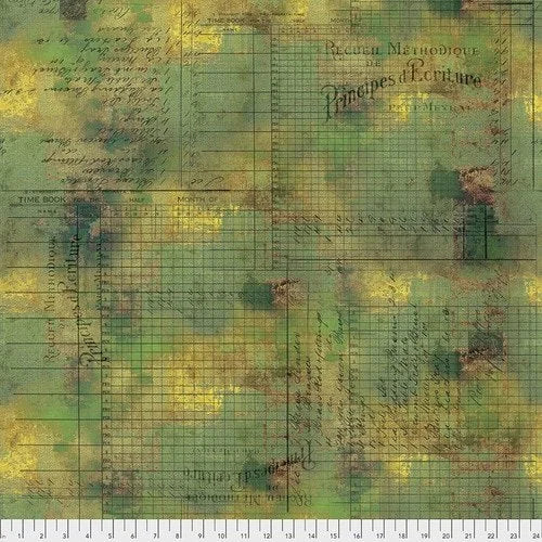 Tim Holtz quilting fabric PWTH132.Moss in yellow and green palette with forest green and brown accents