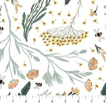 Green World quilting fabric RC90885-10 in white and ivory palette with gold and cream accents