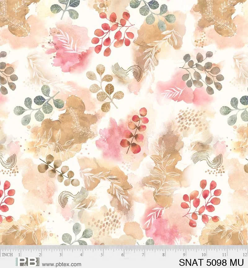 Serene Nature quilting fabric 05098 in cream and white palette with gold and pink accents