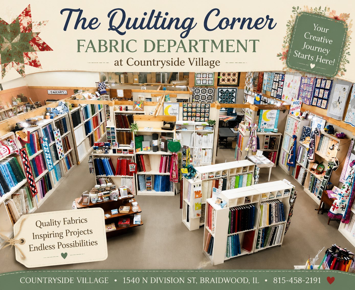 The Quilting Corner Fabric Department with fabric bolts and quilt samples